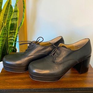 Black Leather Lace Up Platform Women Size 8